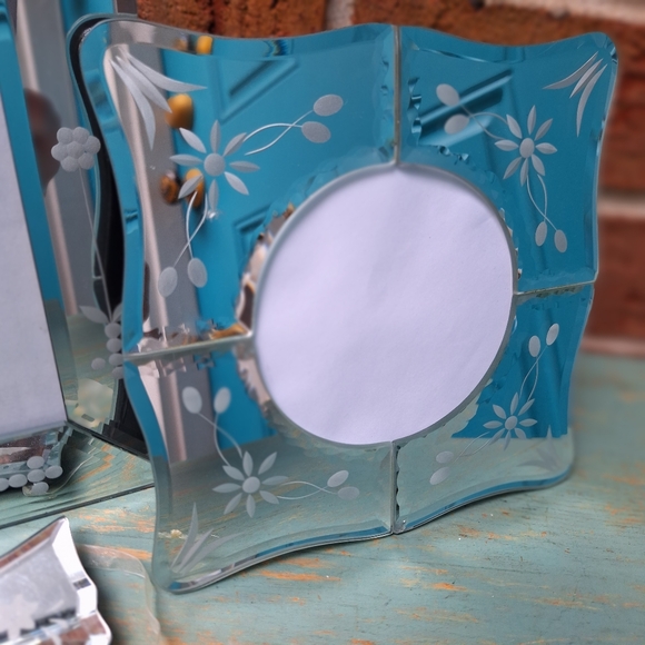 3 Mirror Frames Venetian Glass Beveled Edge Ornate Crystal Etched Flowers Tree - Picture 4 of 16